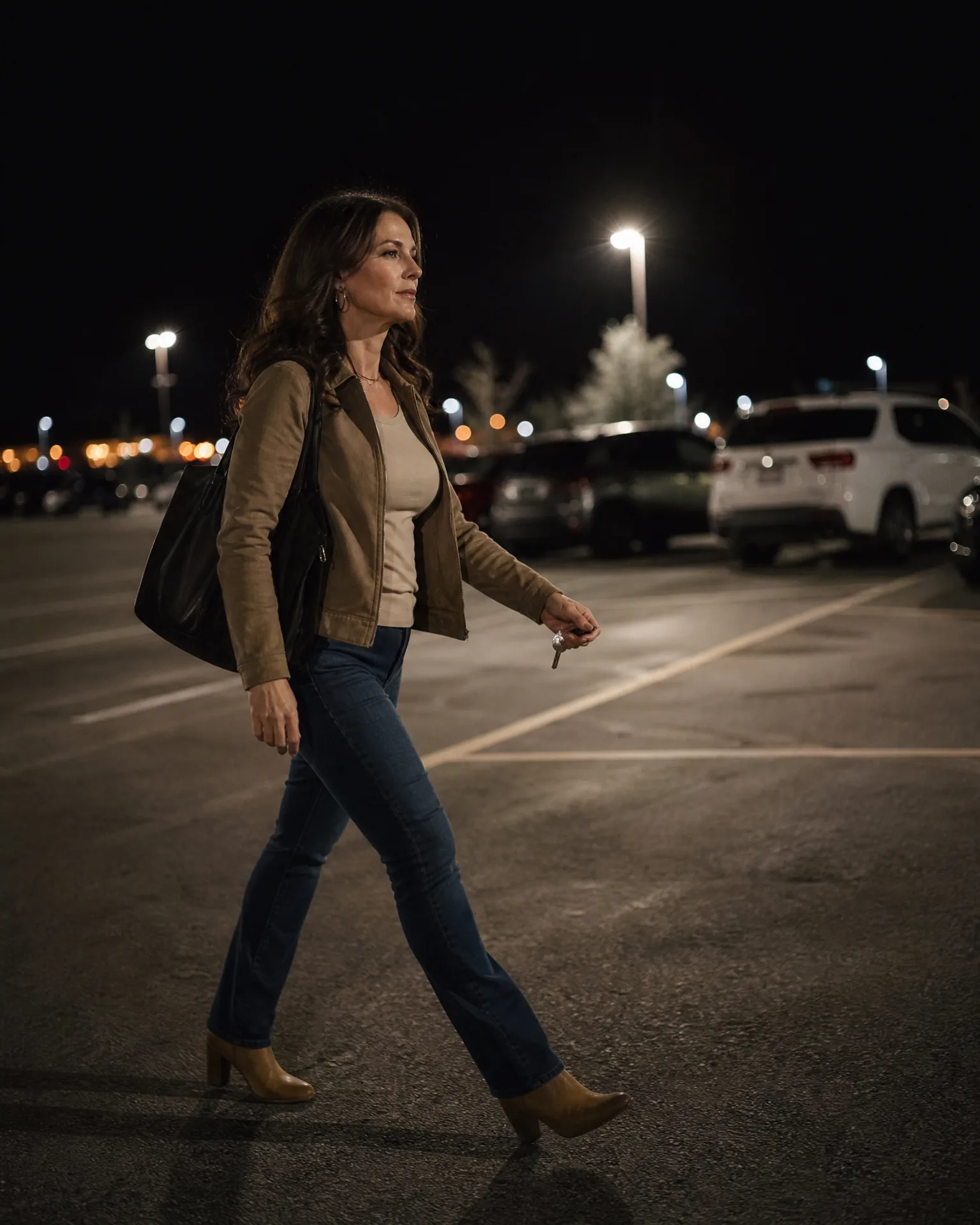 A woman in a tan jacket, jeans and heeled ankle boots walks across a parking lot at night carrying a shoulder bag and keys, with parked cars and lit street lamps behind her.