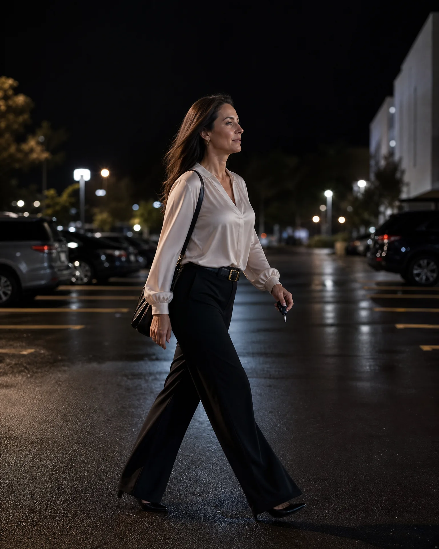 A woman in a white blouse and black wide-leg trousers walks across a wet parking lot at night, carrying a shoulder bag and keys, with parked cars and streetlights behind her.