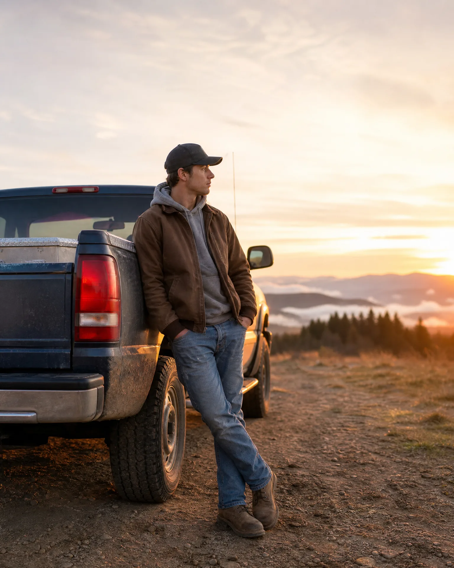 A man in a cap, brown jacket and jeans leans against the rear of a dark pickup truck on a dirt ridge at sunset, with conifers and distant hills behind.