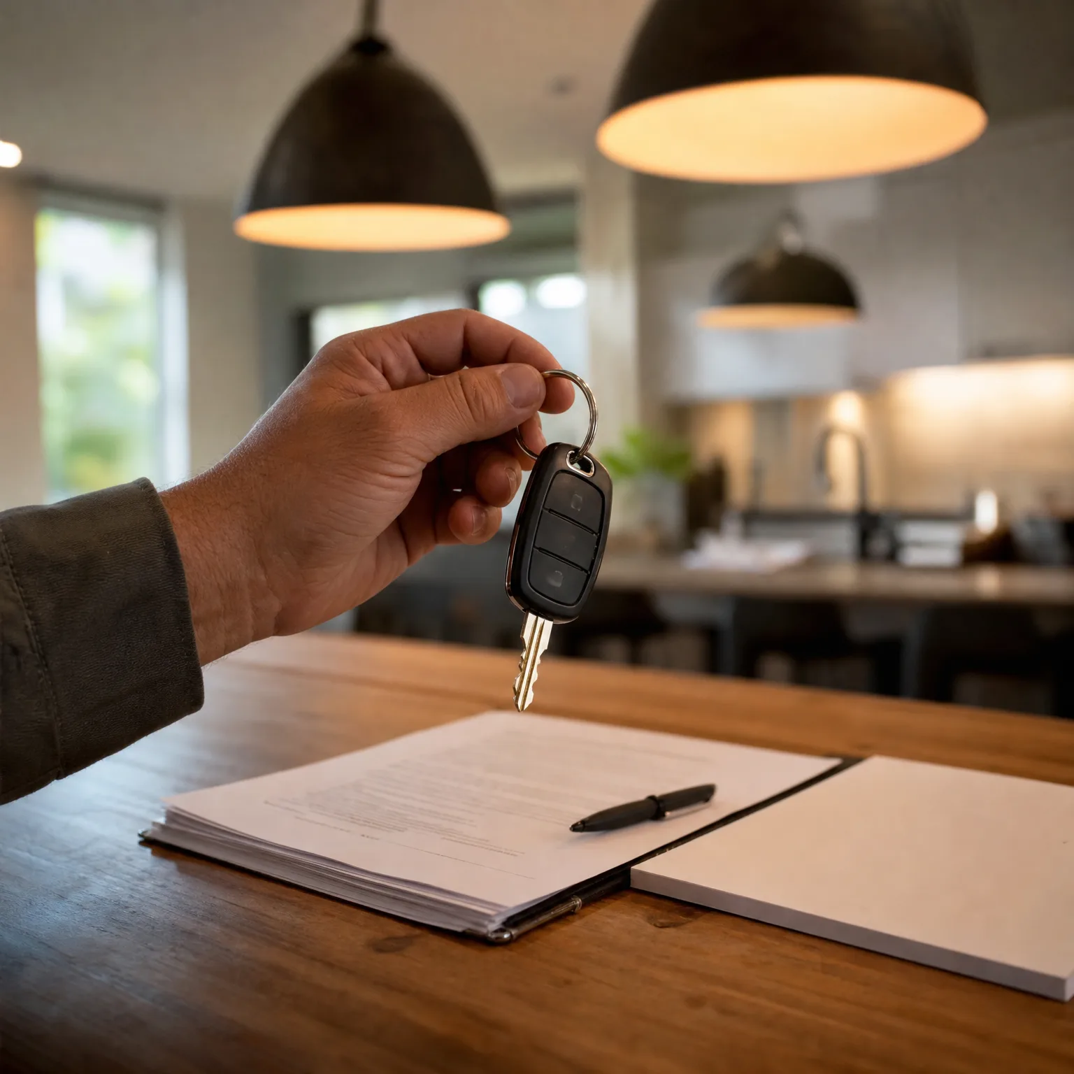 A hand holds a black key fob with a key over a wooden table holding an open folder of printed documents and a pen, with a blurred kitchen and pendant lights behind.