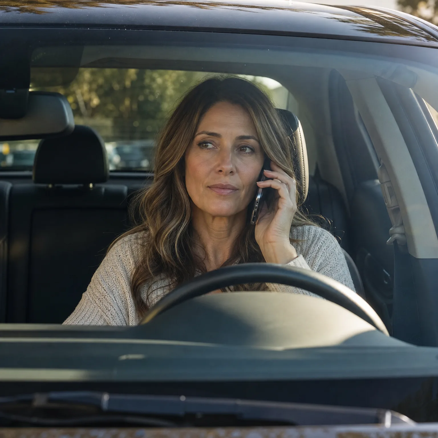 A woman with long brown hair sits in the driver's seat of a car, holding a phone to her ear and looking to the side through the windshield.