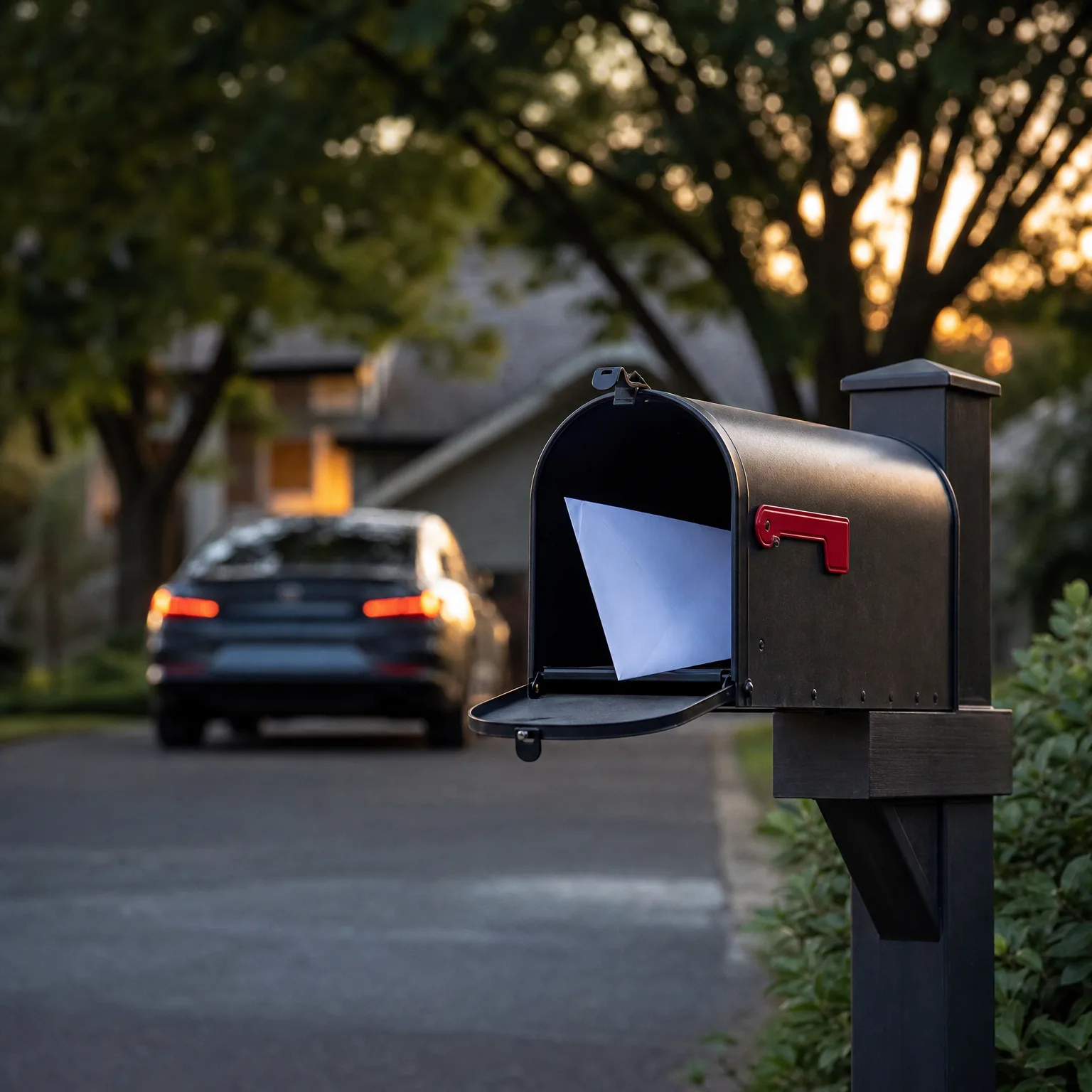 An open metal mailbox with a red flag on a dark post holds a white envelope, with a blurred car and house on a tree-lined residential street behind it.