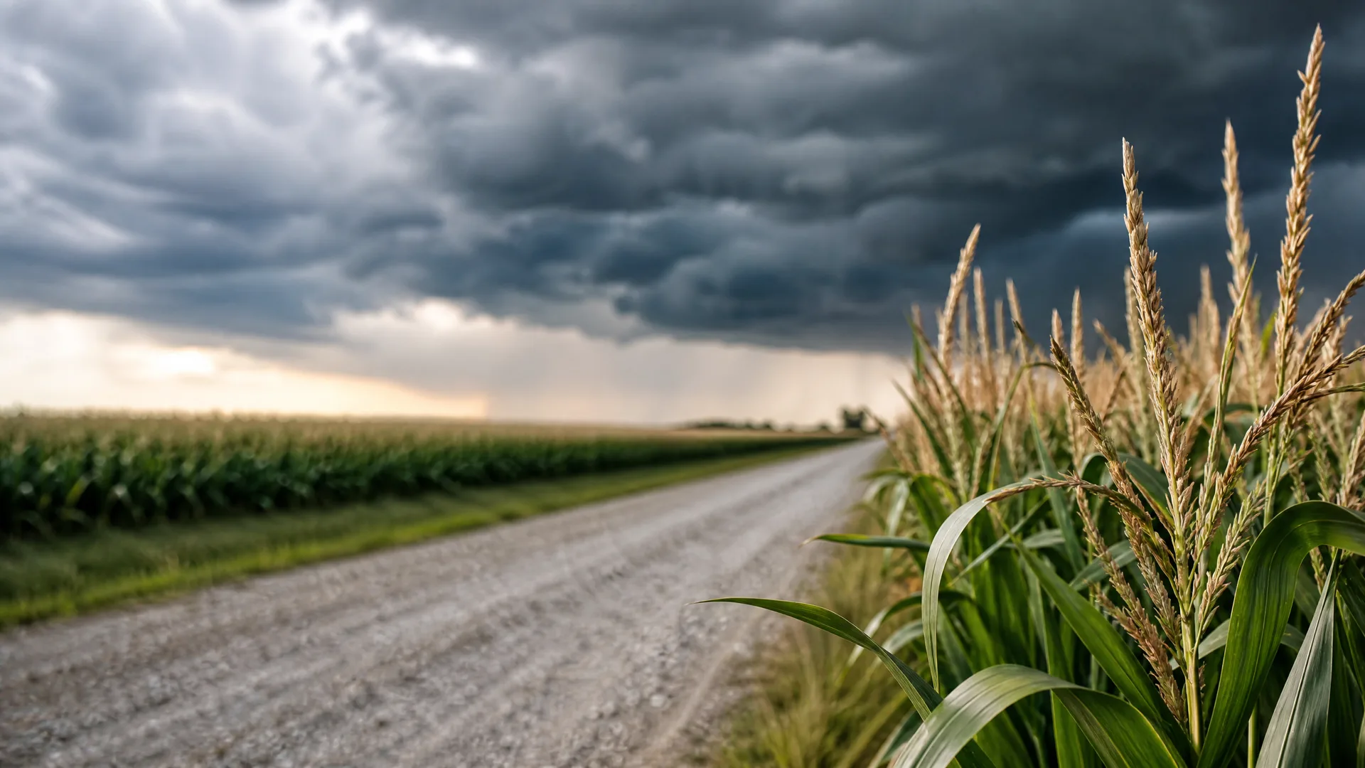 A gravel road runs between corn fields under dark storm clouds, with tasseled corn plants in close-up at the right edge.