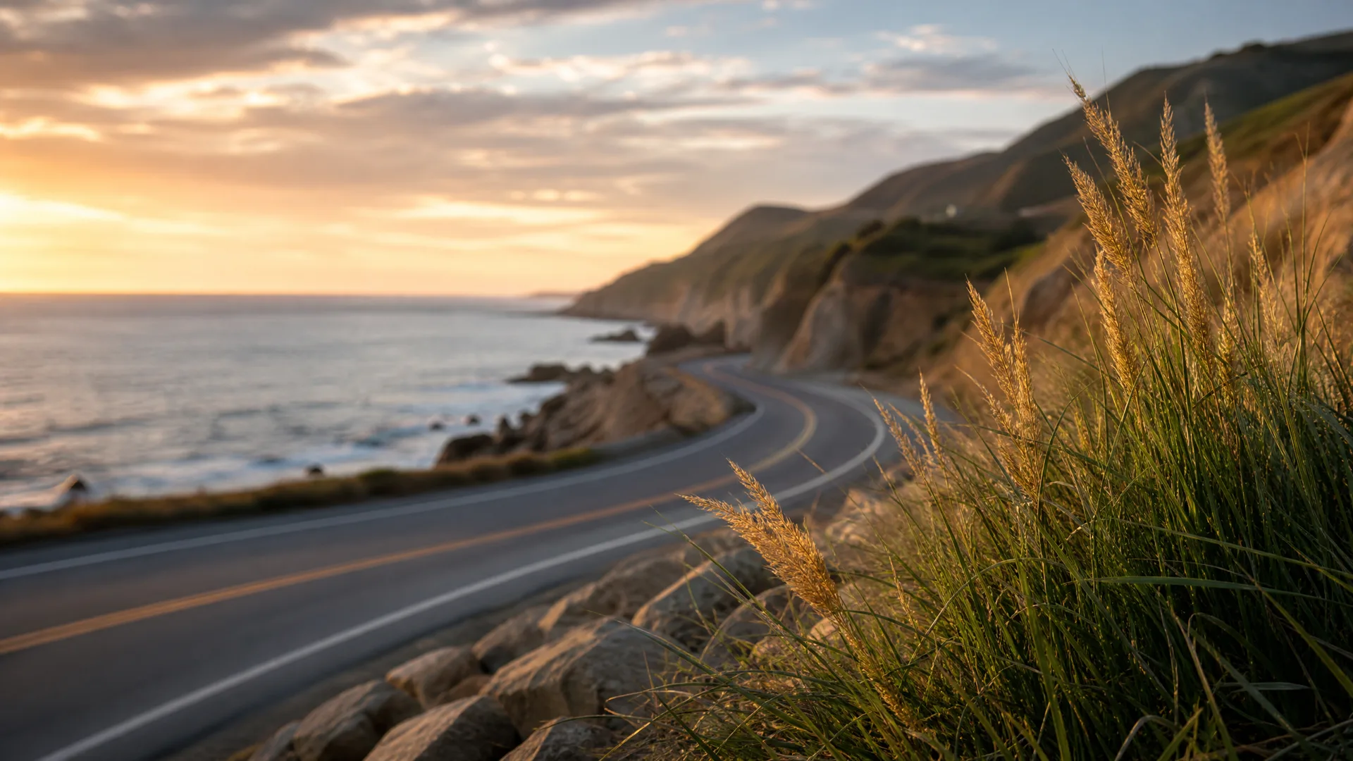 A two-lane coastal road curves along a cliffside above the ocean at sunset, with tall grasses and rocks in the foreground and hills on the right.